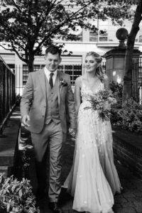 The bride and groom arrive for their micro wedding at The Dublin Registry Office