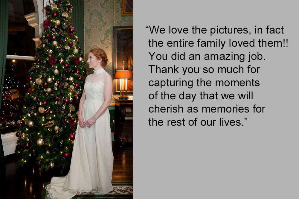 Christmas wedding photograph at the Shelbourne Hotel in Dublin